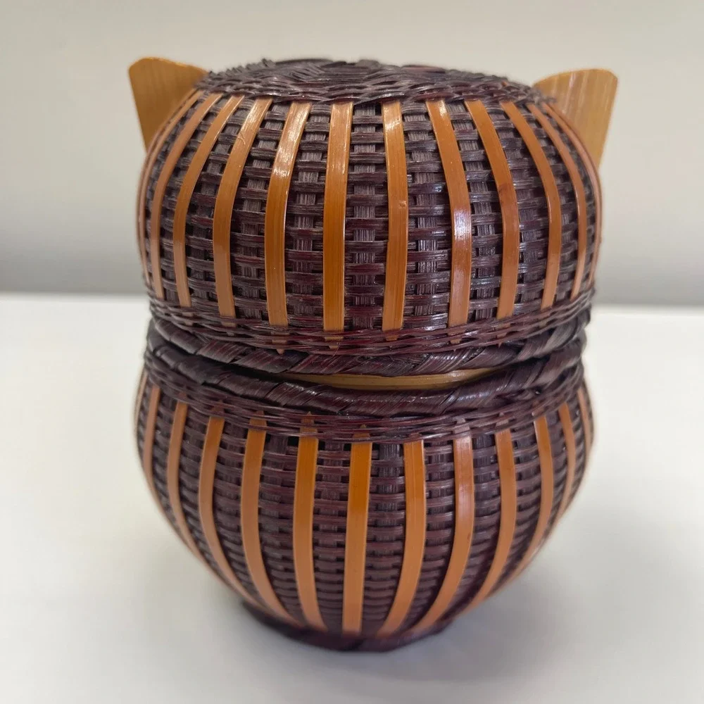 Owl Trinket Basket Small Brown Woven Bamboo Folk Art Functional Decor Vintage